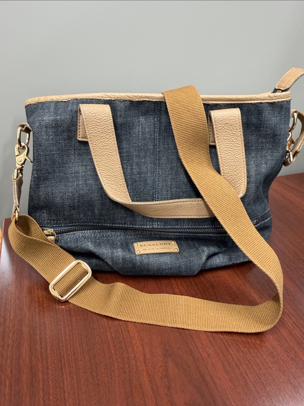 Burberry Denim Tote with Tan Leather Trim, Crossbody Strap and Gold Hardware - Picture 2 of 8
